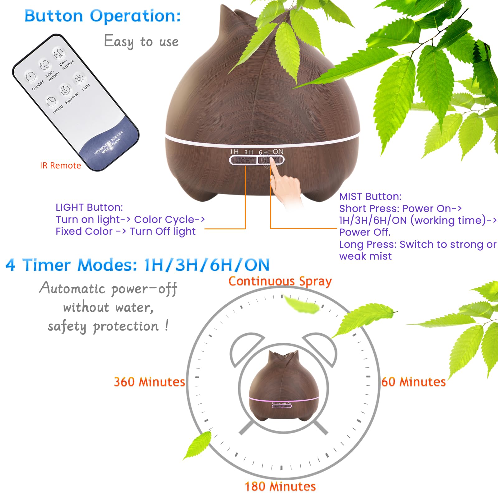 550ml Essential Oil Diffuser, Ultrasonic Aromatherapy Diffuser with 7 LED Light Models, Waterless Auto Shut-Off & 4 Timer for Large Room Home Office Baby Room Spa Yoga with Remote Control