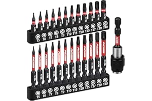 SEDY 25-Piece Torx Bit Set, 1''&2.5'' Security Tamper Proof Torx Impact Screwdriver Bits, T5-T40 CNC Machined Magnetic Tips, S2 Steel Star Bit, High Torque Strength Precision Tools with Storage Box