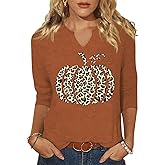 Vircreate Womens 3/4 Sleeve V Neck Halloween T-Shirts Thanksgiving Pumpkin Fall Graphic Tee Tops