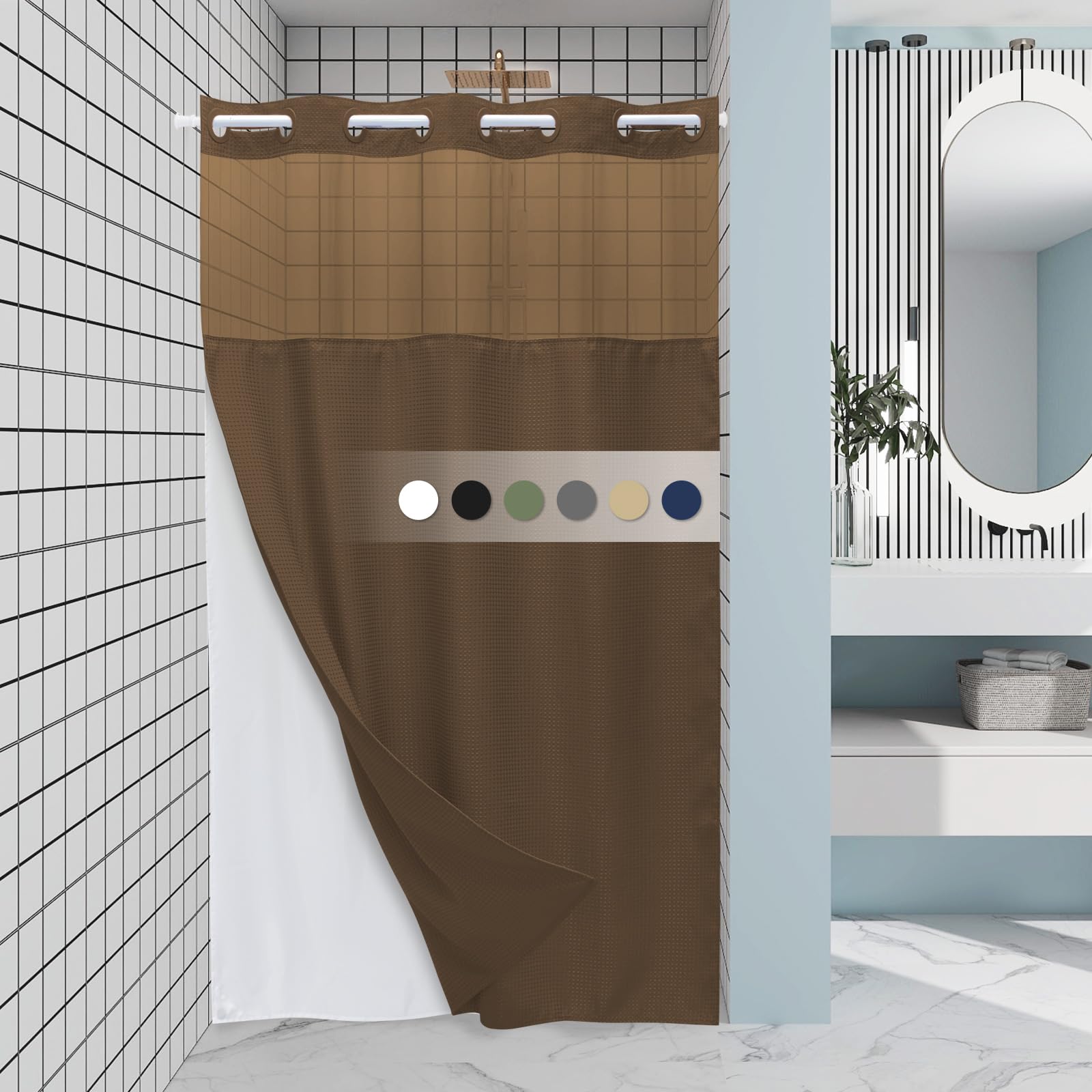 EUTXL Brown Stall No Hook Shower Curtain with Snap in Liner,230GSM Waffle Weave Shower Curtains for Bathroom,54W x 80H Image