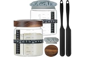 Wissy&Konny Sourdough Starter Jar 2Pack 35OZ with Ounce Scale Line,Date Marked Feeding Band, Thermometer, Sourdough Jar Scraper, Cloth Cover & Wood Lid, Wide Mouth for Sourdough Bread Baking