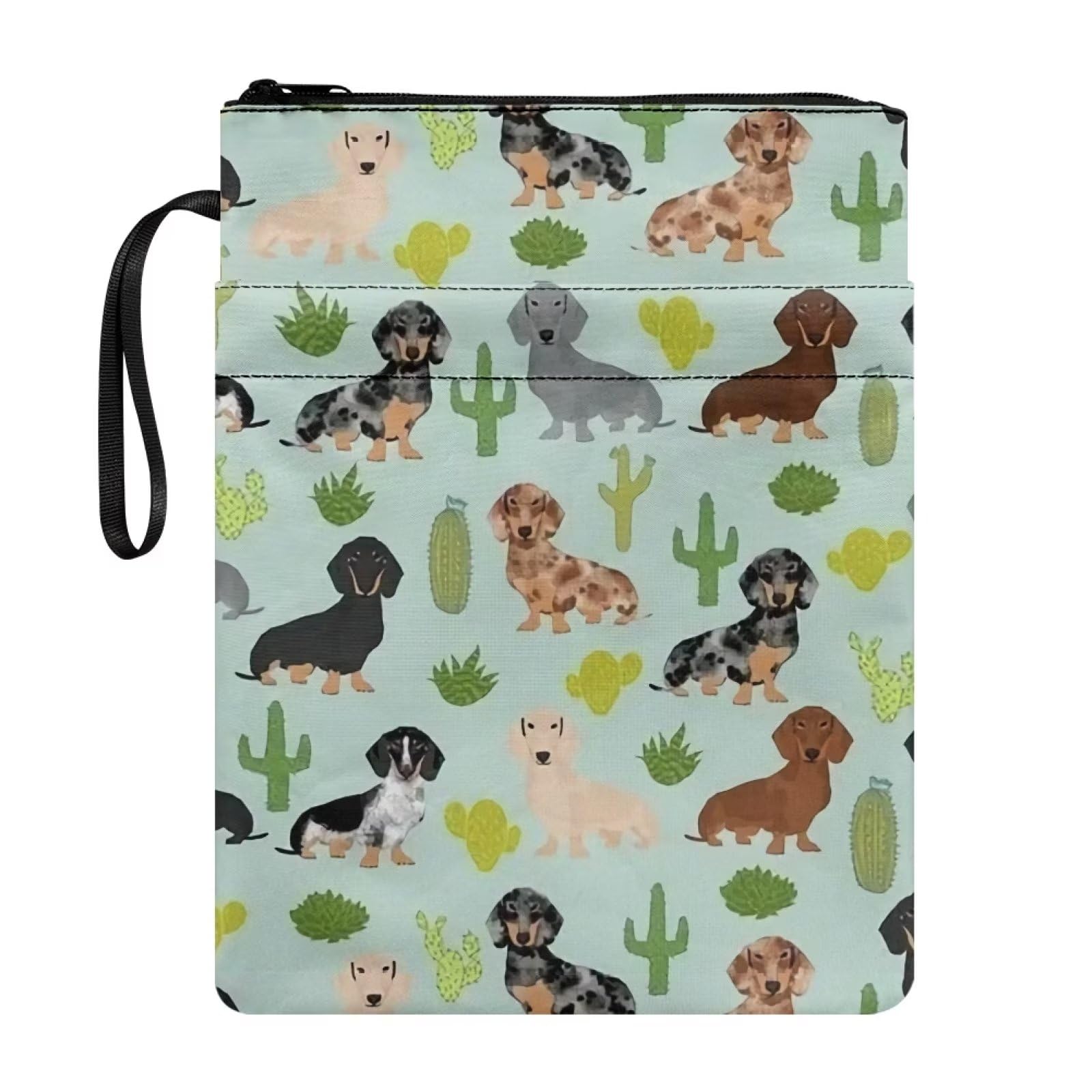 NETILGEN Daichshund Dog Cactus Zipper Book Cover with Front Pen Pocket, Book Covers for Paperback Hardcover Textbook, 11.4" X 8.7" Book Cover Book Lovers Gifts