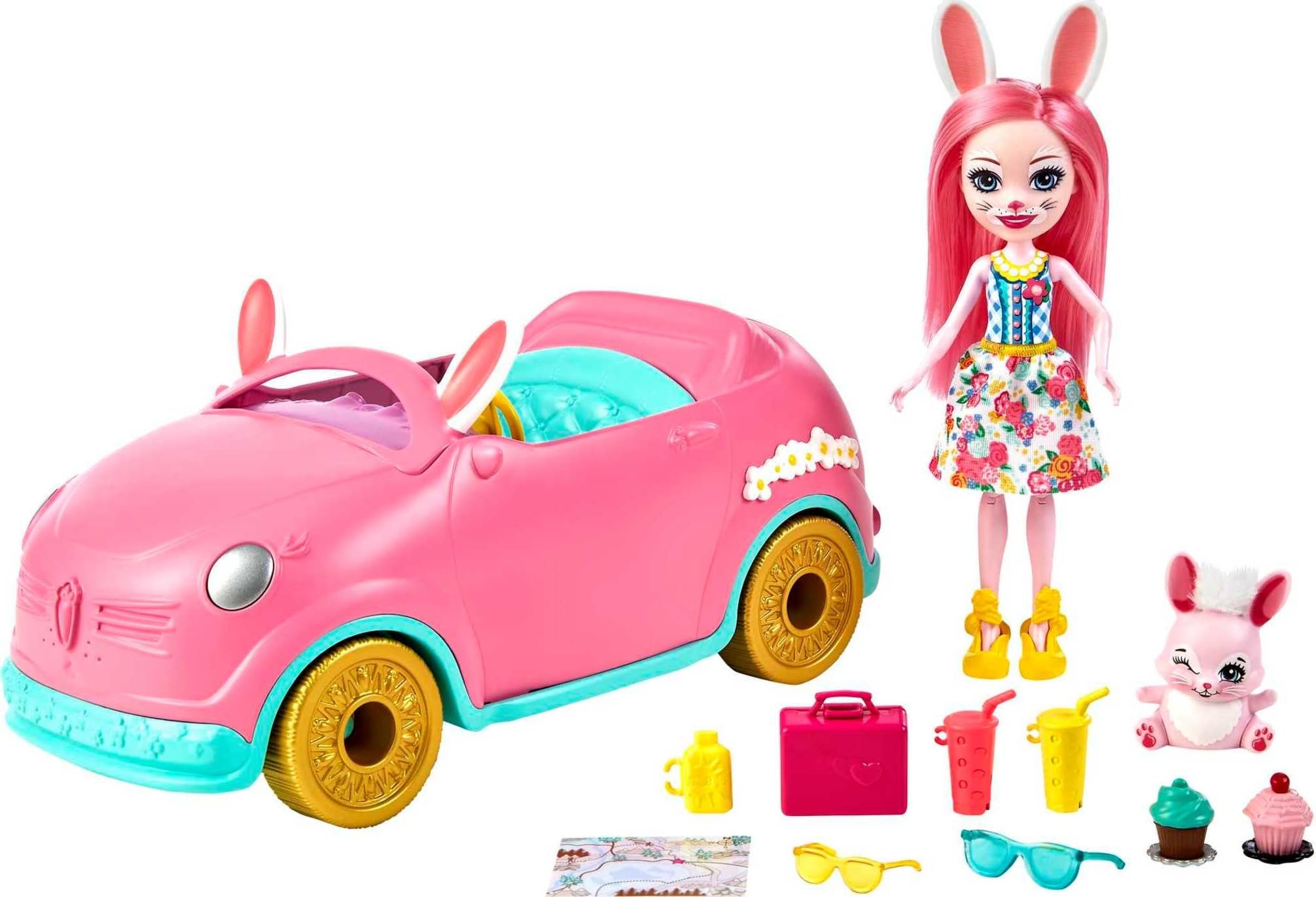Enchantimals Bunnymobile Car (10.2-in) 10-Piece Set with Doll, Bunny Figure, and Accessories, Great Gift for Kids Ages 3 and Up, HCF85