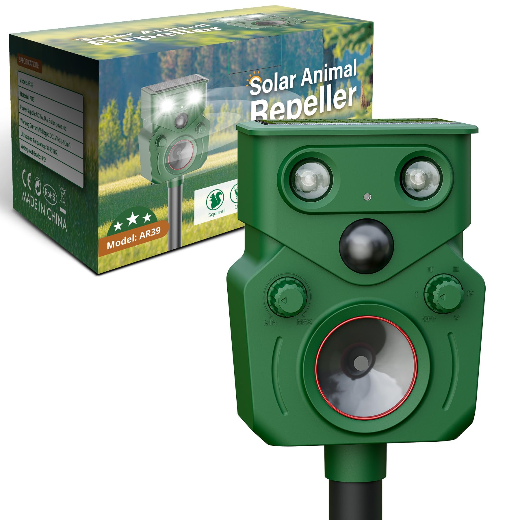 Photo 1 of Ultrasonic Animal Repeller Solar Powered, Cat Repellent Outdoor with Motion Detection, Waterproof Deer Deterrent with LED Flash Light, Effective Repels Invasive Animals for Raccoon, Skunk, Dog, Fox