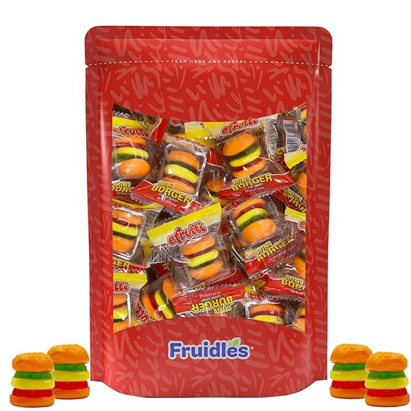 FRUIDLES HOT DOGS AND BURGERS GUMMIES CANDY, SOFT CHEWY GUMMY CANDY (BURGERS, 16-PACK)
