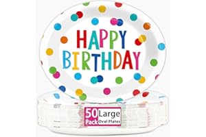 LONFLINESS 50 PCS Happy Birthday Oval Paper Plates - 11inch Large Colorful Dots Design Platters, Heavy Duty Dish Tray for Party Decorations, Gathering, Picnic Tableware Supplies