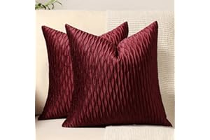 DEZENE Burgundy Throw Pillow Covers: 2 Pack 18x18 Inch Original Striped Velvet Square Decorative Pillow Cases for Farmhouse Couch