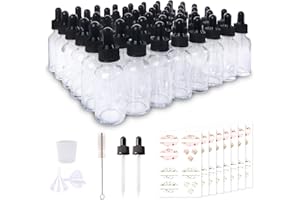 Comrzor 48 Pack 1oz Clear Glass Bottles with Glass Eye Droppers for Essential Oils, Perfumes & Lab Chemicals (Brush, Funnels, 2 Extra Droppers, 54 Pieces Labels & 30ml Measuring Cup Included)