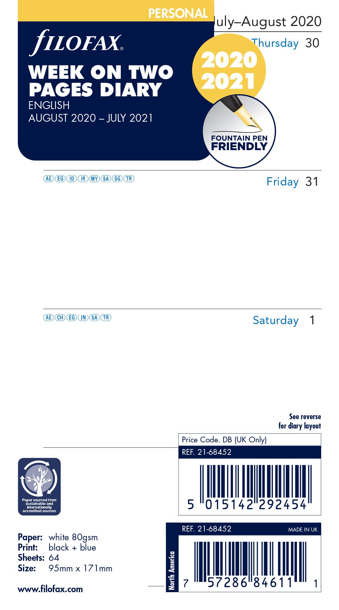 Filofax Personal Week on Two Pages English mid Year Diary August 20 - July 21, 21-68452