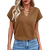 Fisoew Womens Cropped Tops Summer V Neck Cap Sleeve Casual Loose Fit T Shirts