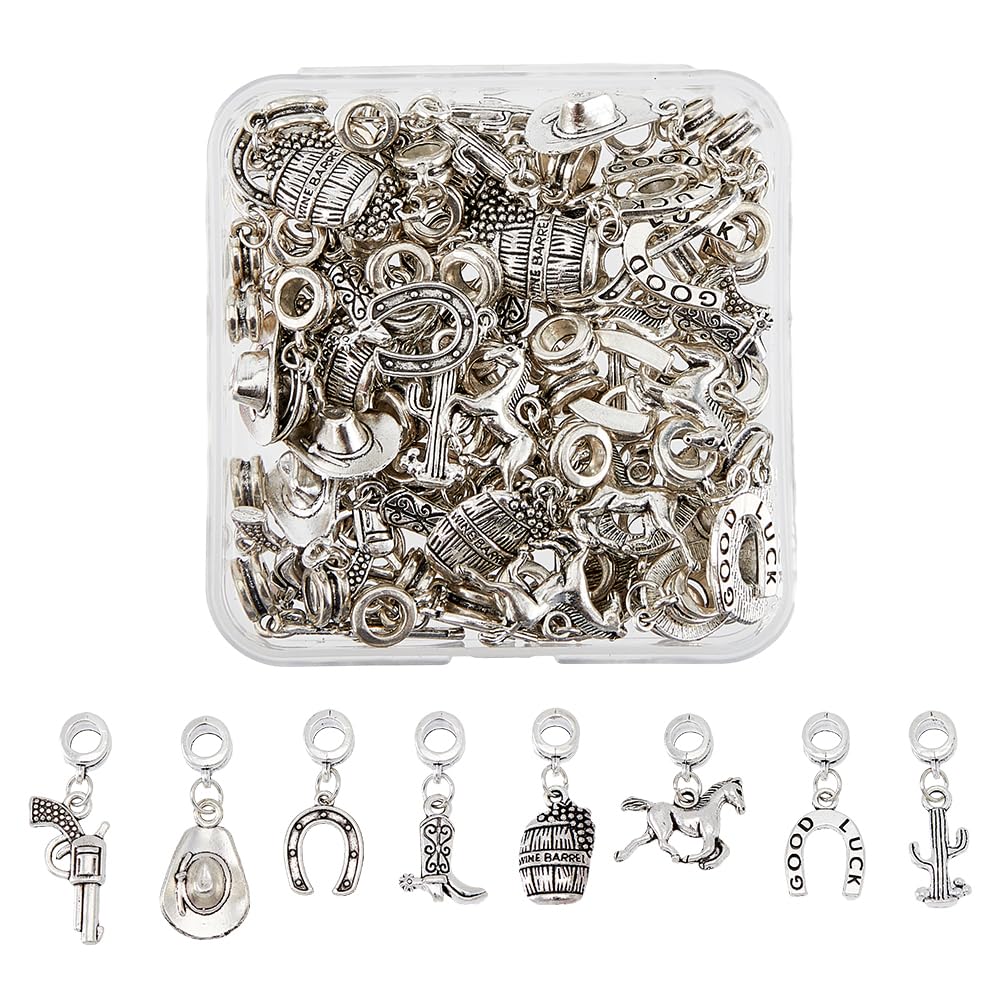 SUPERFINDINGS 64pc 8-Style Cowboy Theme Horse & Cactus Tibetan Alloy Pendants with Large Hole - Antique Silver Dangle Charms for Earrings, Bracelets & Necklaces