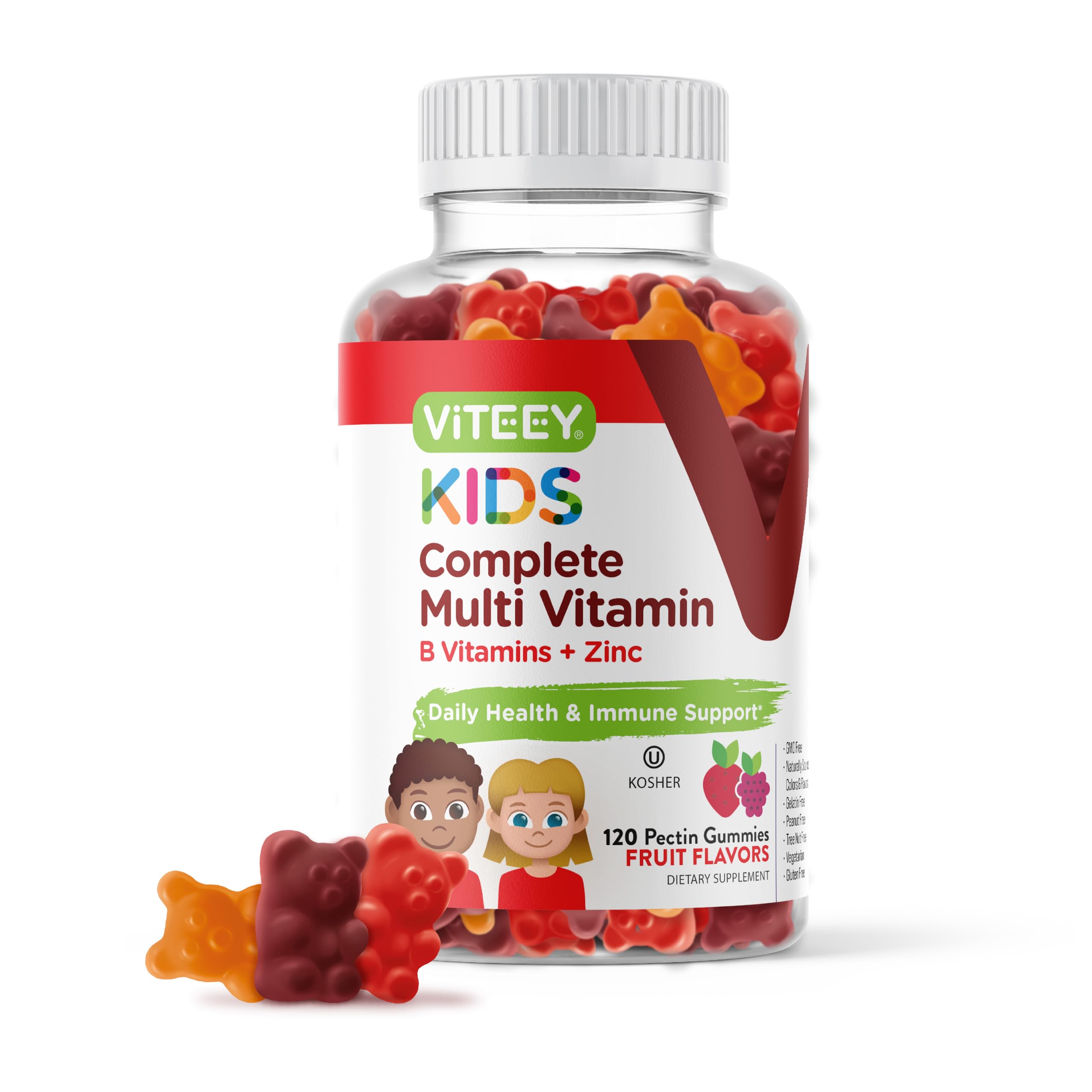 Viteey Kids Multivitamin Gummies, Complete Daily Essential Kids Vitamins - Great for Immune Support & Overall Health - 12 Essential Minerals & Vitamins - Vegetarian, Gelatin Free- Fruit Flavor Gummy