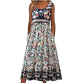 Kubsid Tank Dresses for Women 2025 Summer Boho Floral Crew Neck Sleeveless Long Sundress Loose Casual Elastic Waist Beach Dress with Pockets Size S Black