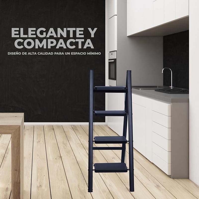 Escalera Plegable 4 Peldaños, Escaleras Decorativa, Peldaños Anchos Antideslizantes, Ideal para Uso en Hogar, Cocina y Oficina, Fácil de Guardar y Transportar, Resistente (Negro, 4 Peldaños)