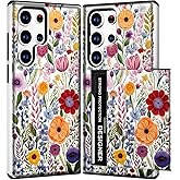 DYZTUNOCA Compatible with Samsung Galaxy S25 Ultra Case Wallet Cute for Women with Design,Rugged Credit Card Holder Slot Protective Phone Skin Cases - Red Vibrant Colorful Flowers