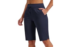 MoFiz Women's Bermuda Athletic Shorts 12'' Long Running Shorts High Waisted Knee Length Shorts with Zipper Pockets