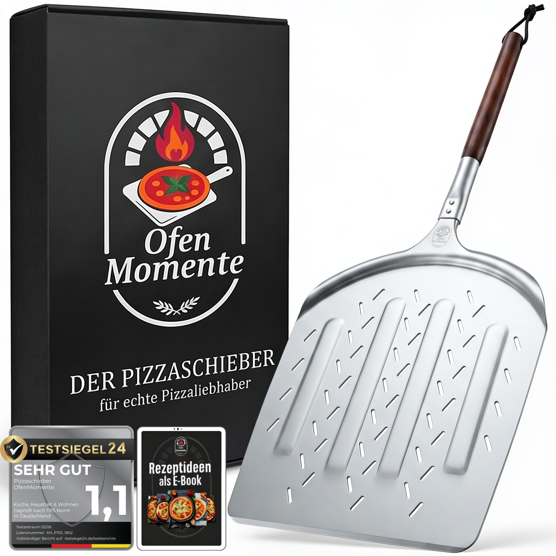 OfenMomente® Pizzaschieber 12 Zoll (30 x 30 cm) - perforierte Pizzaschaufel aus eloxiertem Aluminum mit Akazienholzgriff - Leichter Pizzaheber für Pizzaofen, Gasgrill, Steinofen, Backofen & Grill