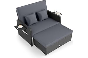 Tangkula Patio Rattan Daybed with 4-Level Adjustable Backrest, Outdoor PE Wicker Loveseat with Storage Ottoman & Folding Side Tray, Double Sunbed Lounger for Balcony, Backyard & Poolside (Grey)