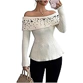 MakeMeChic Women's Off The Shoulder Sweater Beaded Ruffle Long Sleeve Fitted Pullover Tops