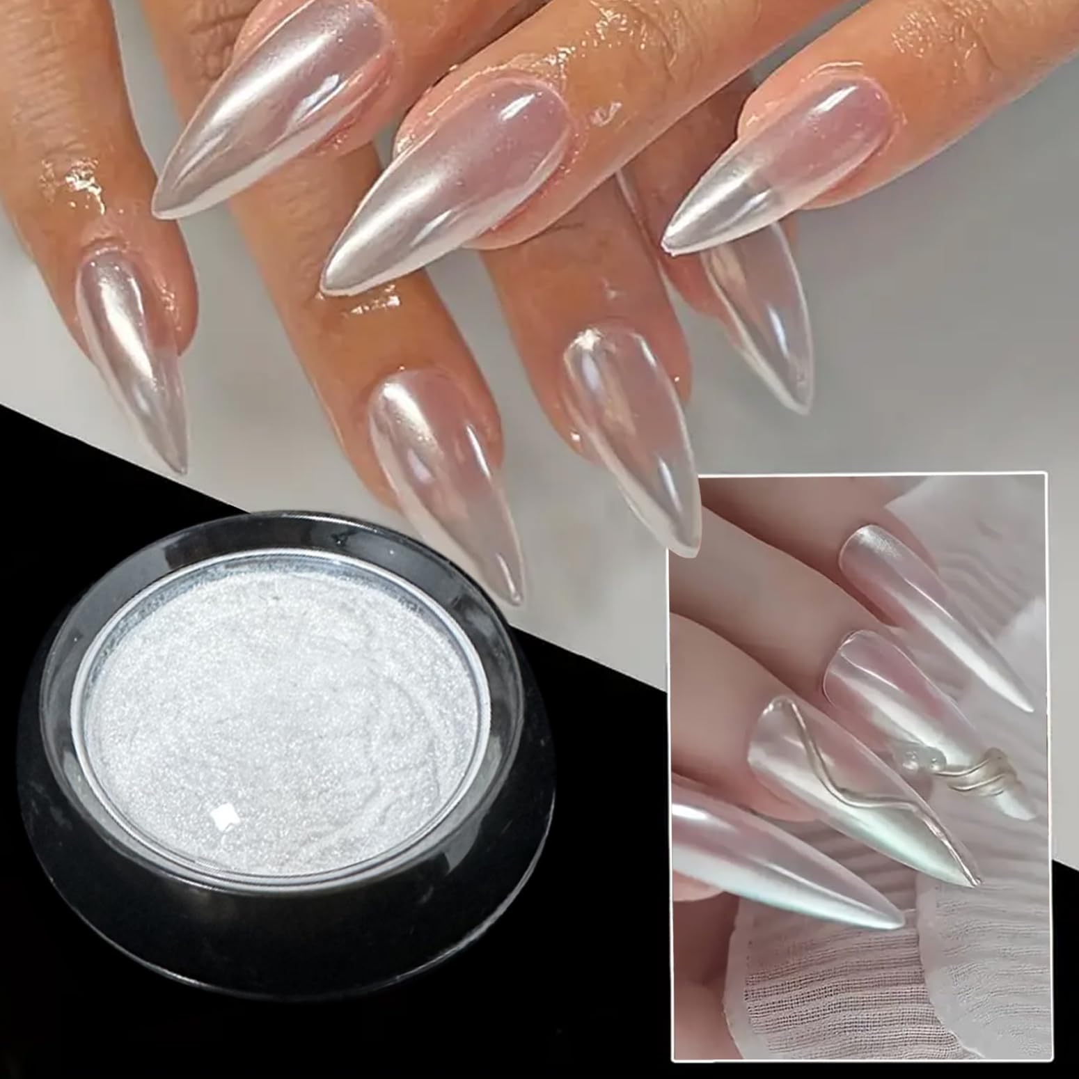 Photo 1 of Holographic White Pearl Chrome Nail Powder Mirror Effect Metallic Sequins UV Gel Nail Chrome Powder Pigment for Nail Art Decoration, White Pearl Chrome Powder for Nails