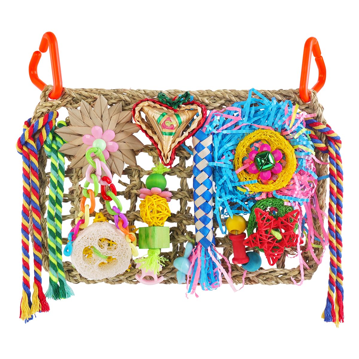 Pethee Budgie & Cockatiel Foraging Toys for Parrots, Parakeets, Conures & Finches - Bird Climbing Net with Colorful Toys