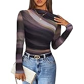 ZESICA Floral Long Sleeve Tops for Women Spring Mesh Mock Neck Ruched Fitted Shirts Going Out Blouses Trendy Clothes