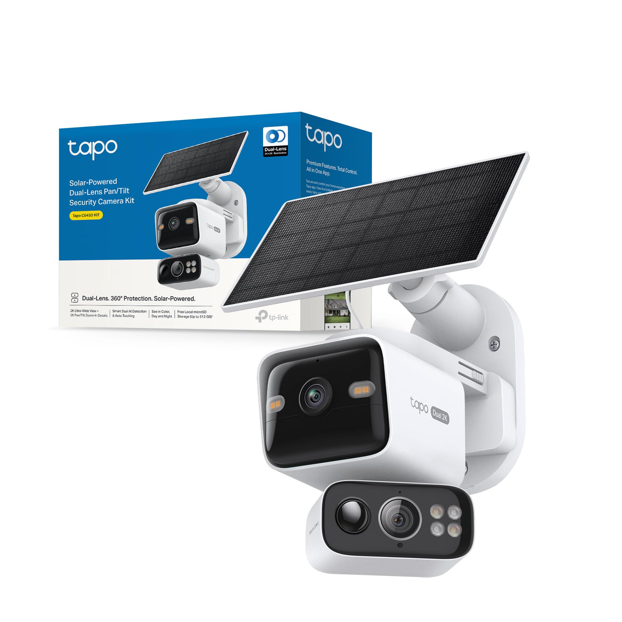 Tapo C645D Kit - Outdoor Solar Wi-Fi Security Camera - Dual Lens 2K Pan/Tilt 360°, Color Night Vision, AI Person/Pet Detection, 10,000 mAh Battery, Wi-Fi 2.4/5 GHz