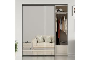 JUBEST Full Sized Sliding Mirror Closet Door 72 x 80, Black Steel Frame Sliding Closet Mirror Door with Top & Bottom Track Kits, One Side Mirror with Safety Backing, Easy to Install