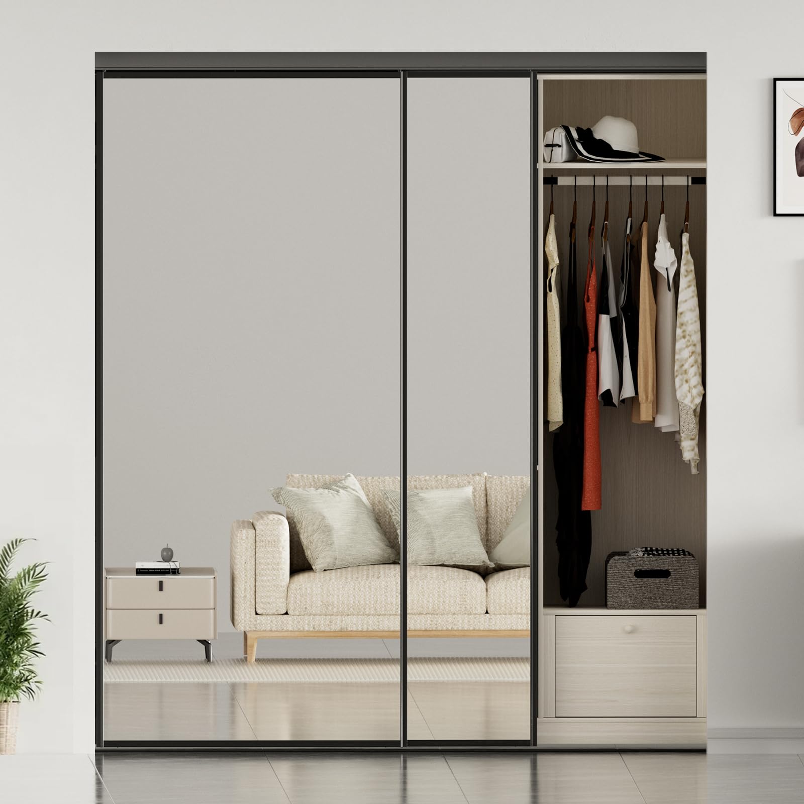 Photo 1 of JUBEST Full Sized Sliding Mirror Closet Door 72 x 80, Black Steel Frame Sliding Closet Mirror Door with Top & Bottom Track Kits, One Side Mirror with Safety Backing, Easy to Install