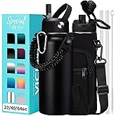 VICKNIY 32oz Insulated Water Bottles - with Straw Spout Lid, Bottle Holder Strap Sleeve, Survival Paracord Handle, Protective Cup Mat, Sweat-Proof Water Bottle, Metal Thermo Flask for Sports Workout