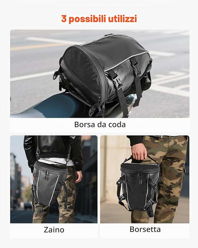 Borsa Posteriore per Moto, Espandibile da 10 L con Copertura Antipioggia Impermeabile, Borsa da Viaggio per Bagagli per Sportivi all'Aria Aperta, Zaino con Tracolle, Tasca, Nero