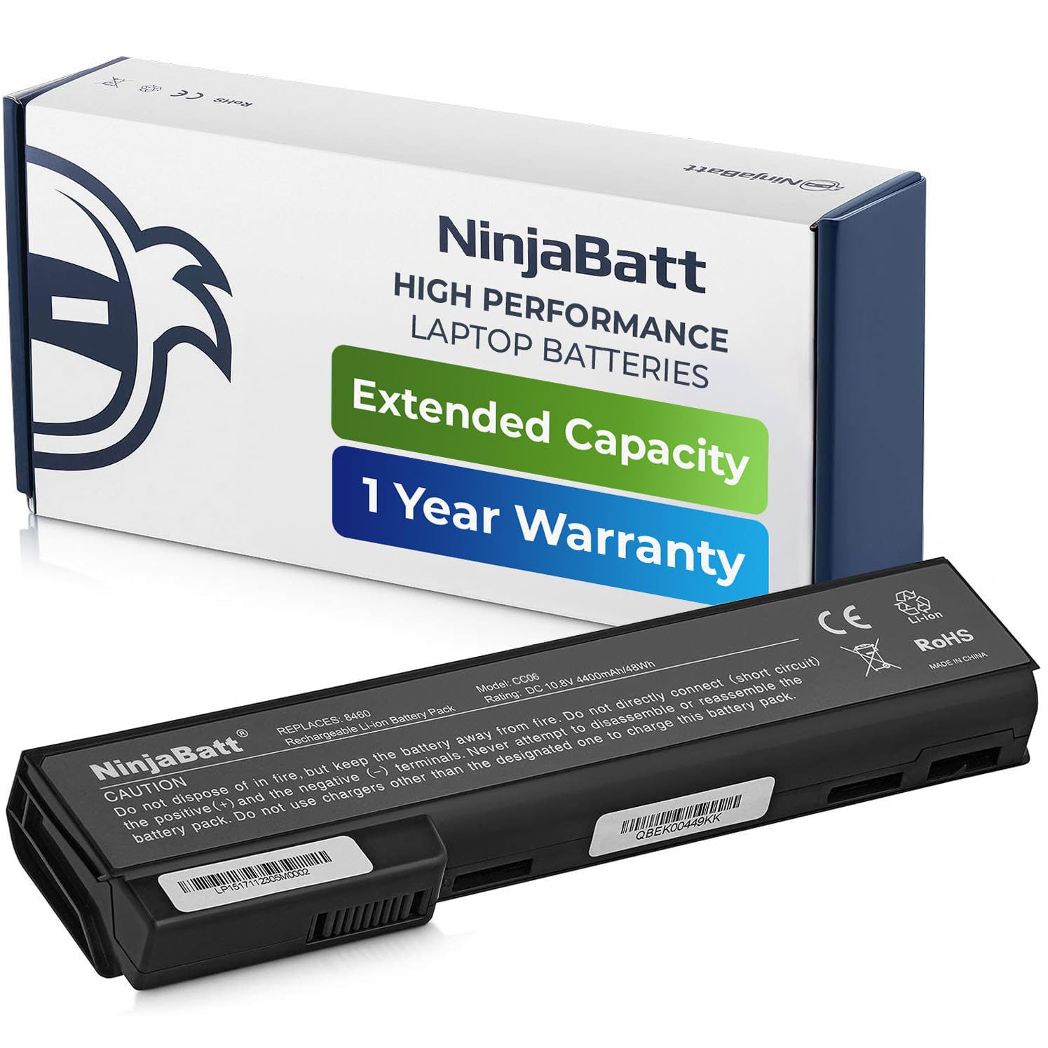 NinjaBatt Battery for HP 8470P 8460P 6470B 6460B 6570B 6560B 628670-001 6475B CC06 8560P 8570P CC06XL 628668-001 628666-001 6360B 8460W 8470W 6360T 6465B 6565B [6 Cells/4400mAh/48Wh]