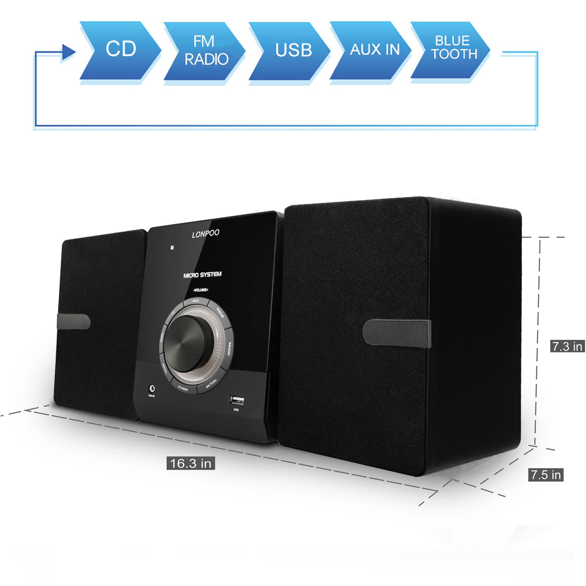 Compact Stereo System Speakers with CD Player, Bluetooth, FM Radio, Aux-in, USB-in, Earphone Jack, DSP-Tech, Remote, 30W Crisp-Sound Shelf Stereo System for Home (LP-886BT)