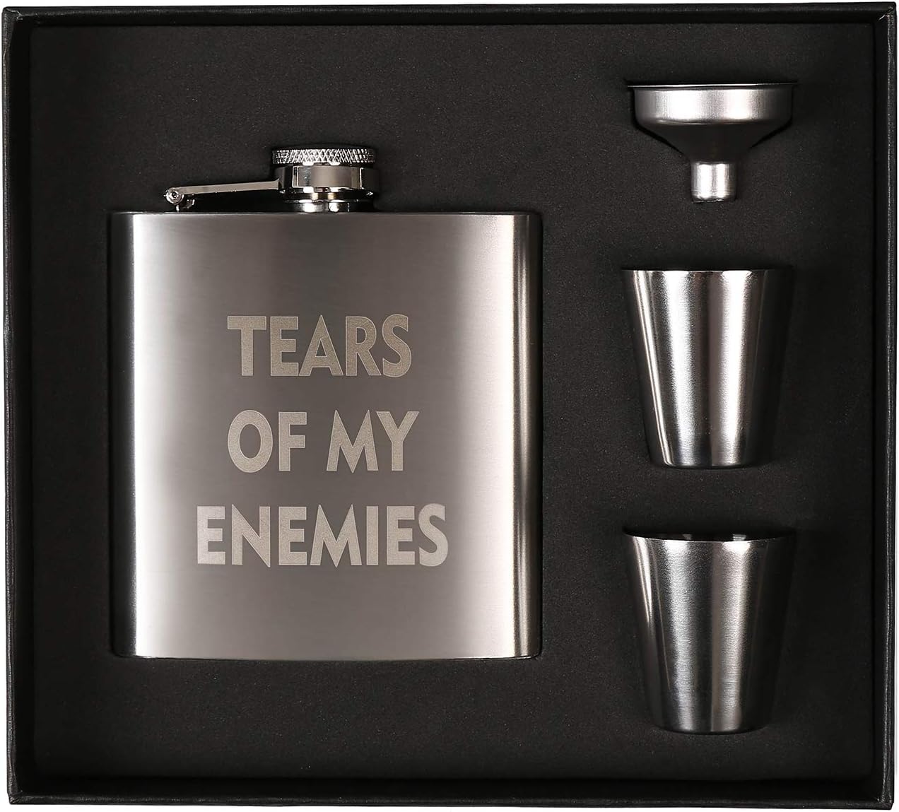 Funny Hip Flask for Liquor, Tears of My Enemies, 6 oz Stainless Steel with Cups and Funnel, Discrete Shot Drinking of Alcohol, Whiskey, Rum and Vodka, Funny Gift for Men and Women