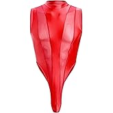ABAFIP Men's Mesh Sheer Bodysuit Mock Neck Spliced Sleeveless High Cut Thong Leotard Singlet Underpants