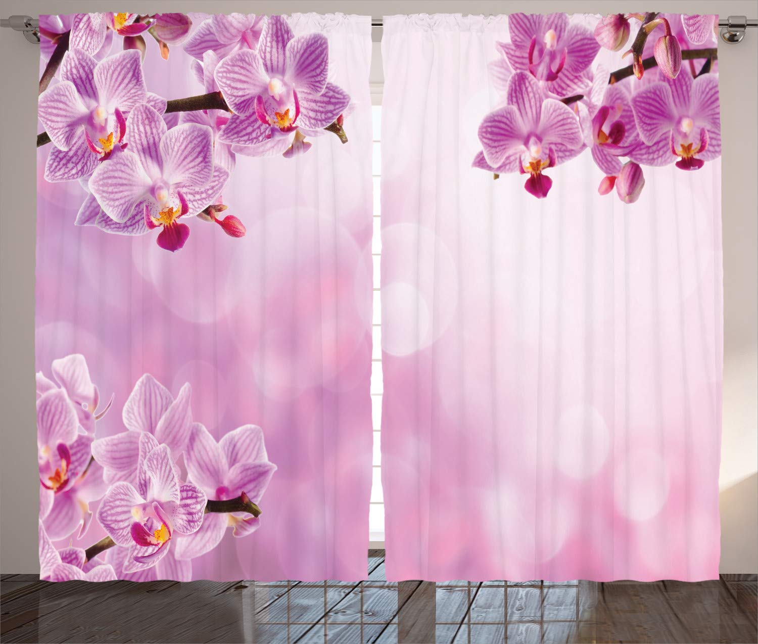 ABAKUHAUS Spa Curtains, Orchid Petals in Monochrome Design Bouquet Spring Bloom Seedling Growth Peaceful Nature Print, Living Room Bedroom Window Drapes 2 Panel Set, 280 x 175 cm, Pink — image 1
