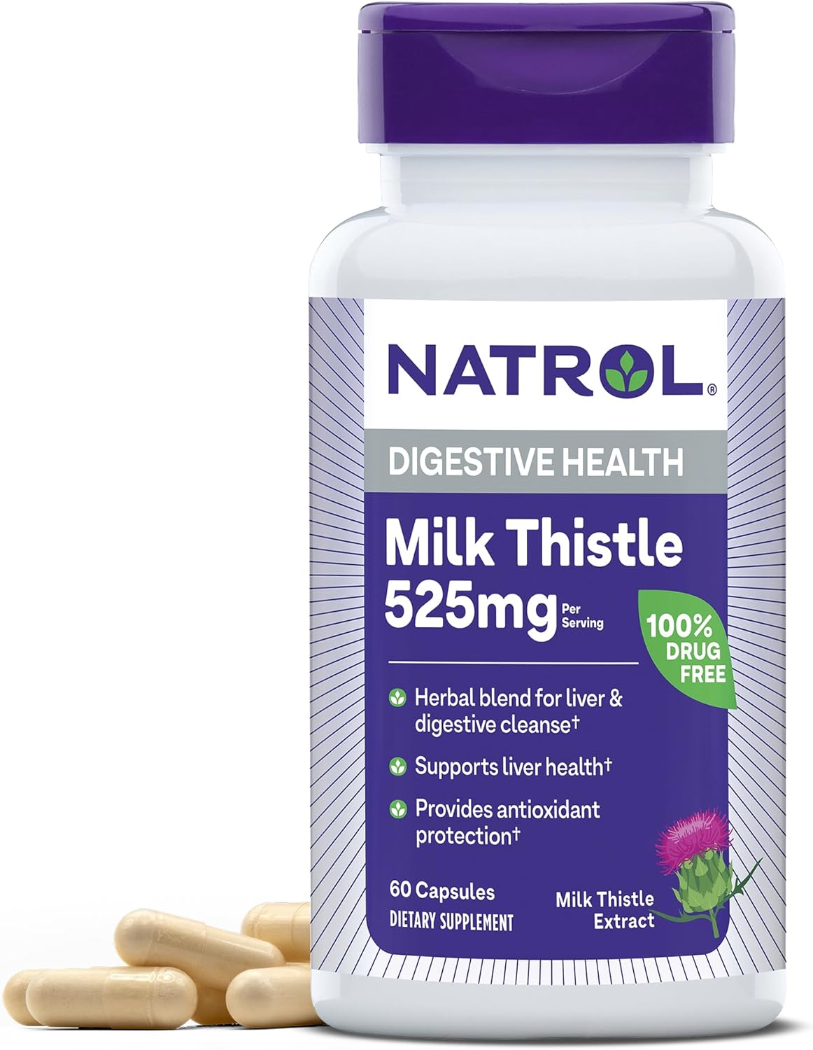 Natrol Milk Thistle 525 mg per Serving, Dietary Supplement for Digestive Health, Milk Thistle Supplement, 60 Capsules, 30 Day Supply