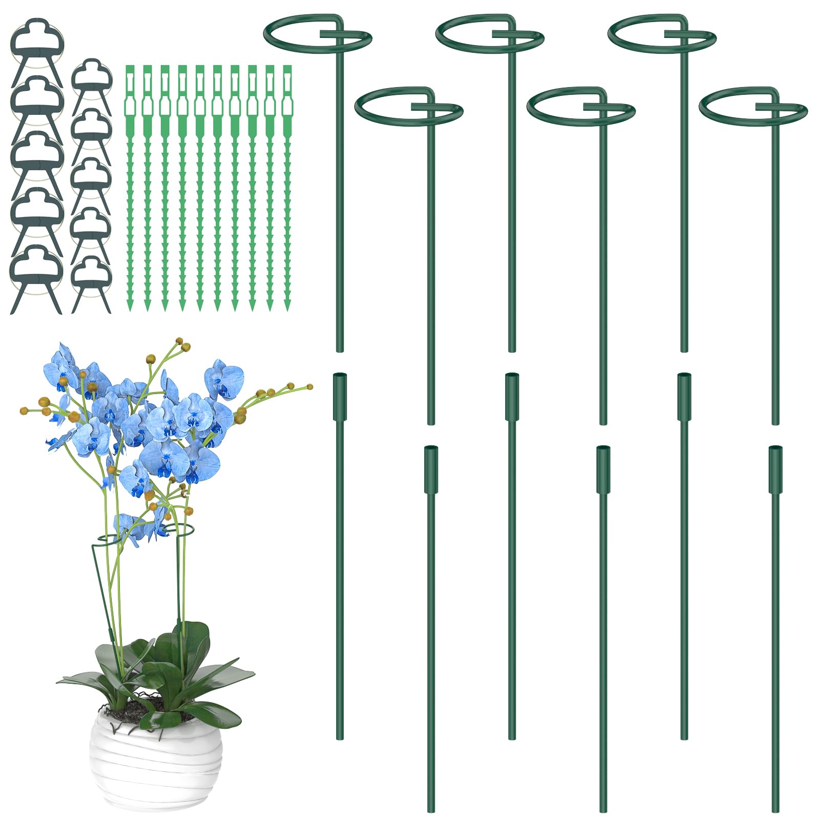 Hanotic 6Pcs Plant Support Stakes, 30cm, 60cm,90cm Adjustable Garden Single Stem Metal Plant Support Rings, with 10 Orchid Clips and Twistties for Peonies Tomatos