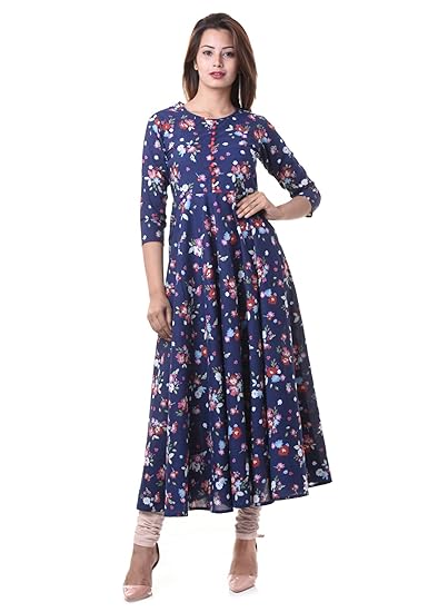 Womens Cotton Floral Print Anarkali Kurta (Blue)