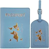 Bekecidi Luggage Tag and Passport Cover, PU Leather Document Sets Passport Holder Baggage Labels Organizer Case for Storing Passport Boarding Passes ID Cards Credit Cards Label Card (Blue)