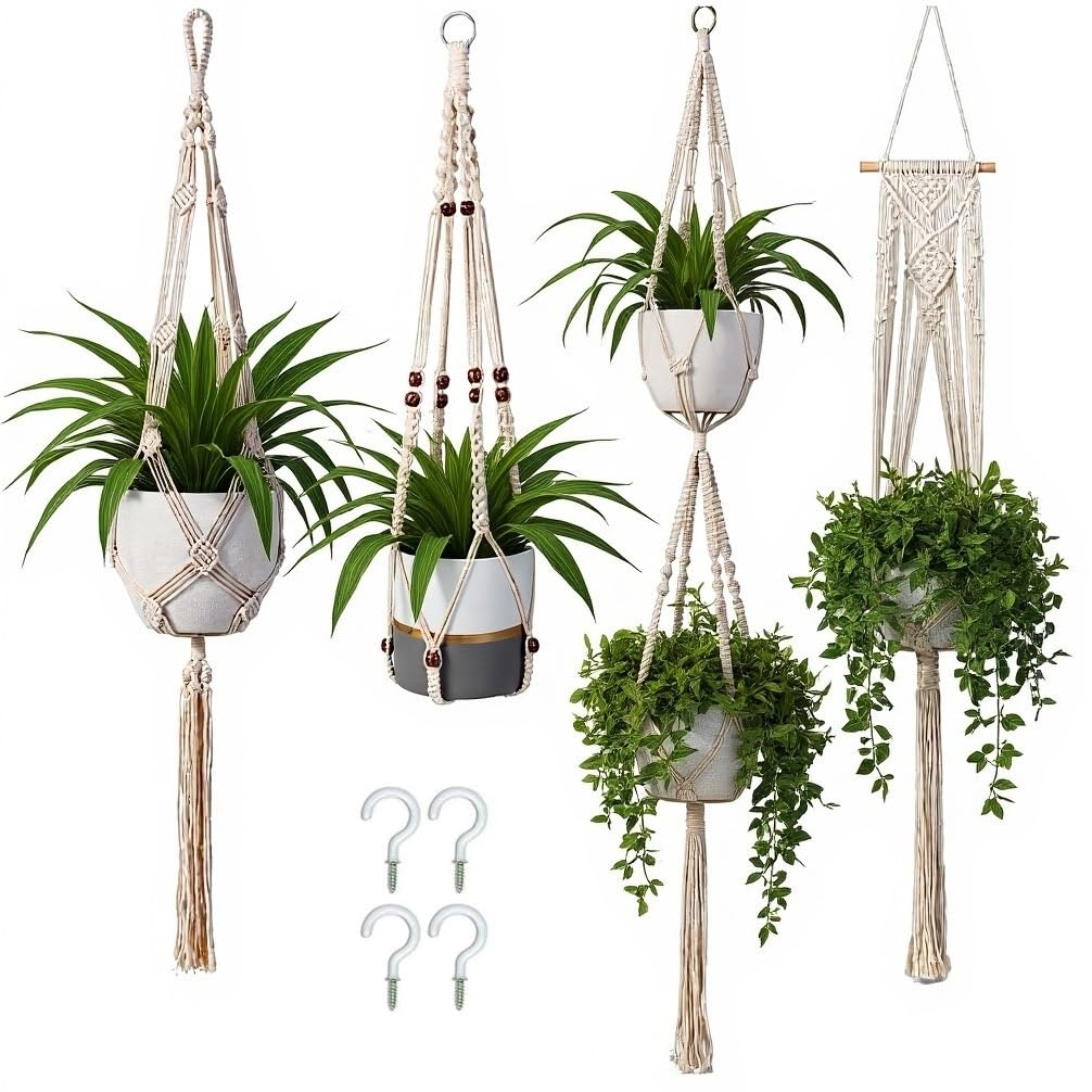 4 Pack Premium Macrame Plant Hangers – Thick 100% Cotton Rope, Indoor Hanging Planter Set with Ceiling Hooks, Sturdy Plants Holder, Boho Home Wall & Patio Décor – Ezylivin