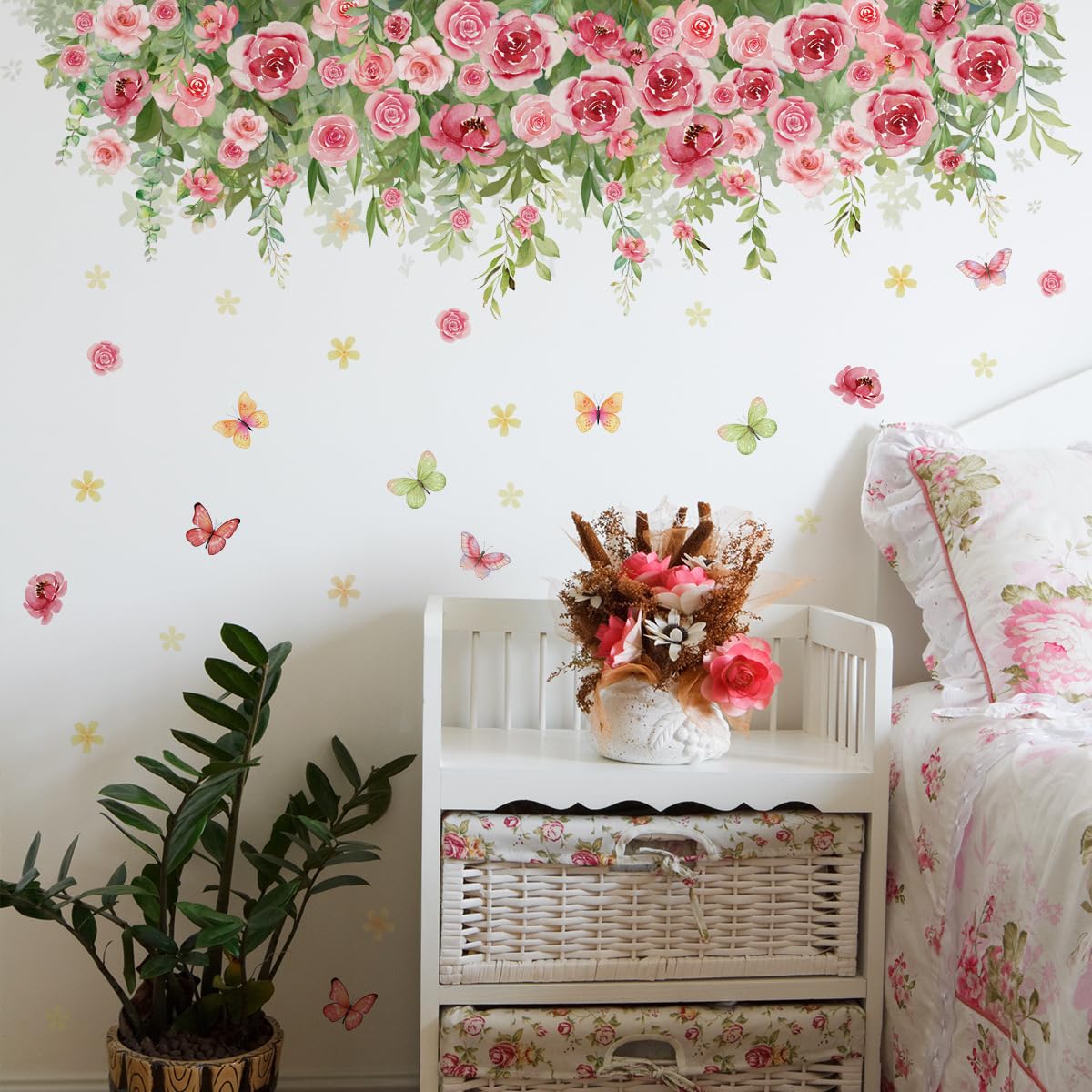 Runtoo Hanging Flowers Wall Stickers Pink Peony Floral Wall Art Decals for Girls Bedroom Living Room Nursery Home Decor