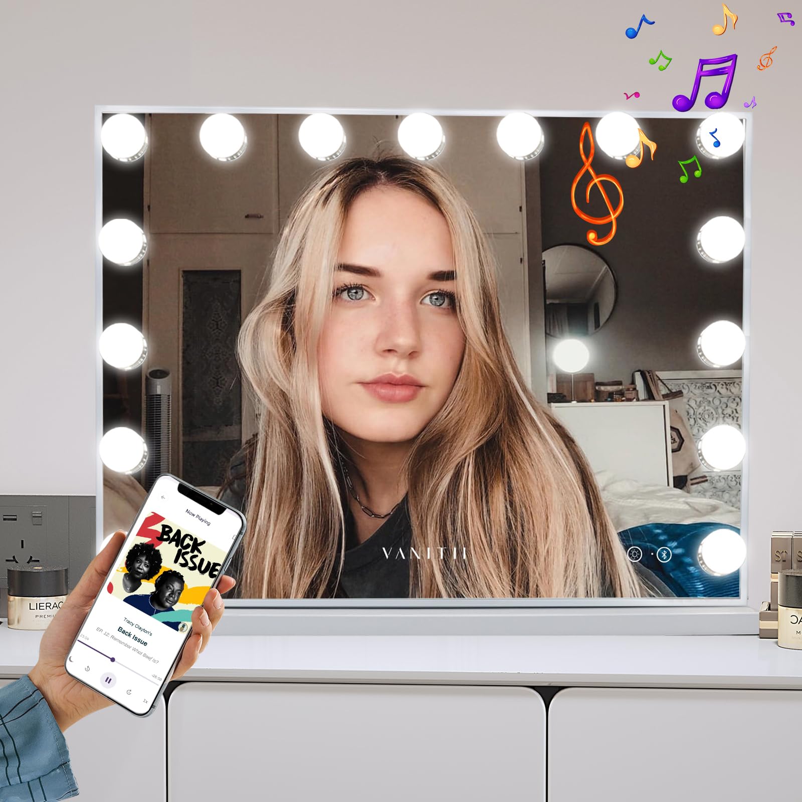 VANITII Vanity Hollywood Mirror with Lights Speaker USB Charging Lighted Makeup Mirror with Bulbs 3 Lighting Modes and Desktop Light up Mirror for Bedroom Dressing Room