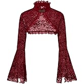 OYOANGLE Women's Floral Lace Mesh Bell Sleeve Shrug Bolero Open Front Stand Collar Goth Crop Tops