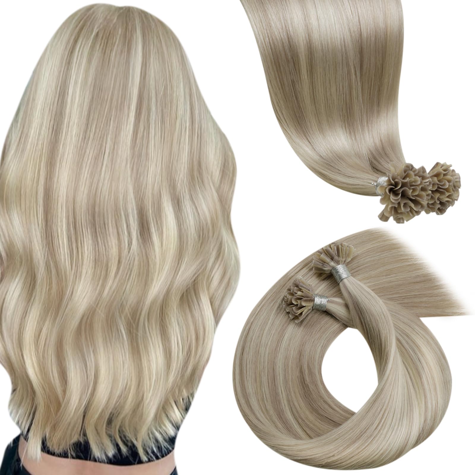 LaaVoo Real Human Hair Extensions U Tip Blonde, Remy Straight Highlight Ash Blonde Real Hair Extensions, Hot Fusion for Invisible & Stable 50s 50g 22 Inch #18/613 — image 1