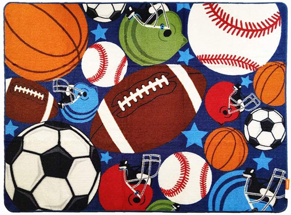 HUAHOO Blue Kids Rug Fun Sport Rugs Nylon Carpet Boys Girls Childrens Rug Balls Print with Soccer Ball, Basketball, Football, Tennis Ball Bedroom Playroom (80 x 120cm(31.5'' x 47''))