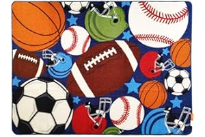 HUAHOO Blue Kids Rug Fun Sport Rugs Nylon Carpet Boys Girls Childrens Rug Balls Print with Soccer Ball, Basketball, Football, Tennis Ball Bedroom Playroom 31.5'' x 47''