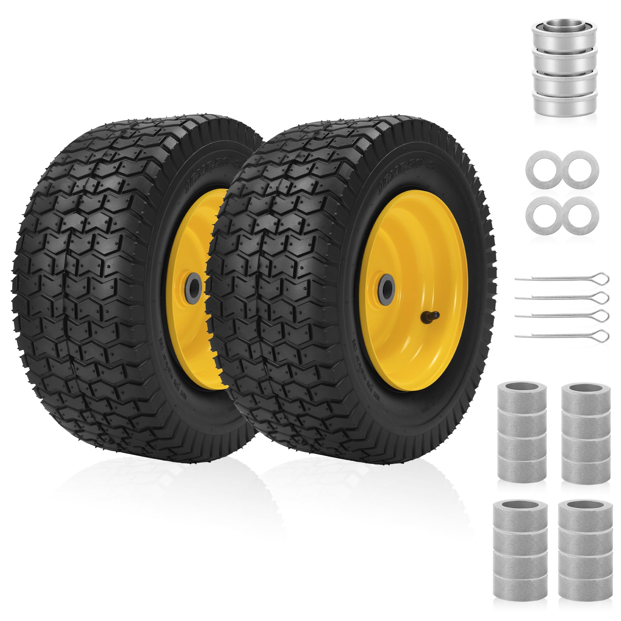 Photo 1 of 2-Pack 16x6.50-8 Tubeless Tires and Wheels, 1-Inch Bushings with Extra 3/4-Inch Bearings, 3"-5" Offset Hub, 550 lbs Load Capacity, Fits 3/4" and 1" Axles for Riding Mowers, Lawn Tractors, and More.