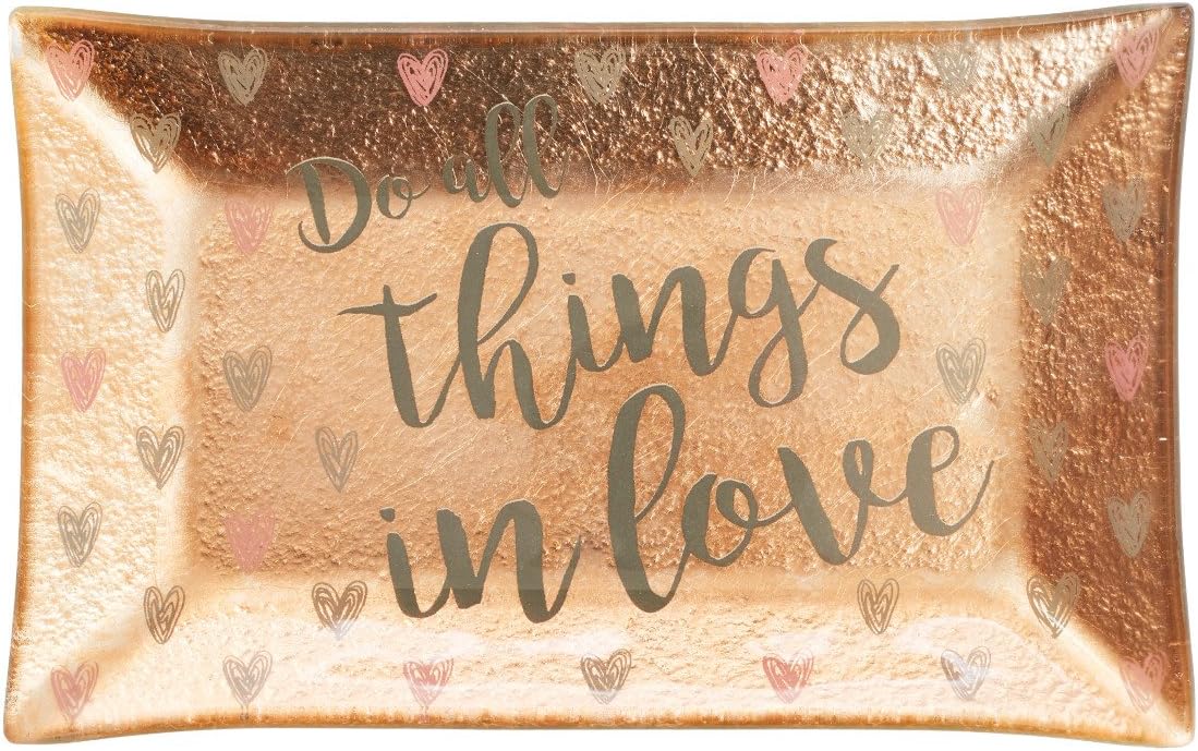 Christian Art Gifts Glass Rectangle Rose Gold Ring Dish Jewelry Holder Do All Things in Love Sparkle Collection Pink Gold Hearts Inspirational Trinket Tray Dish for Jewelry and Accessories