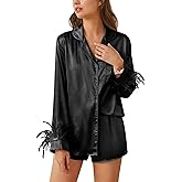 Ekouaer Bridal Feather Pajamas Set Silk Satin Valentine's Pj Sets Wedding Pjs Sleepwear with Removable Feather Trim